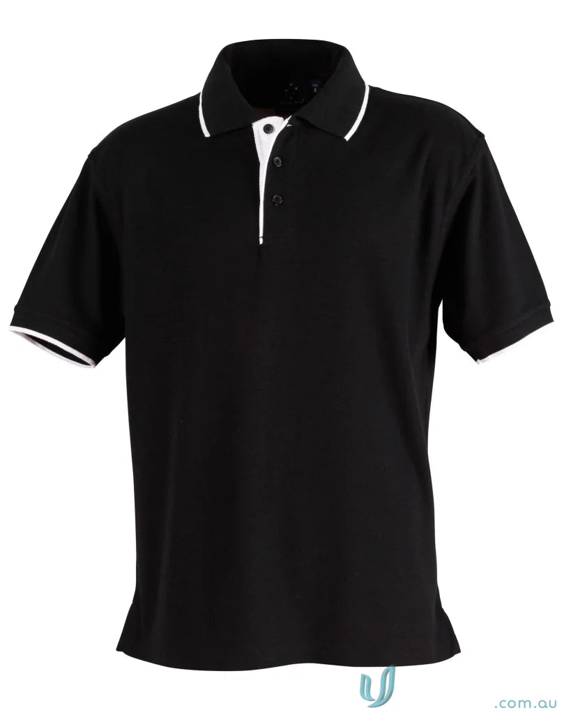 Black ps08 Liberty Polo with white trim from Winning Spirit Pique workwear solution