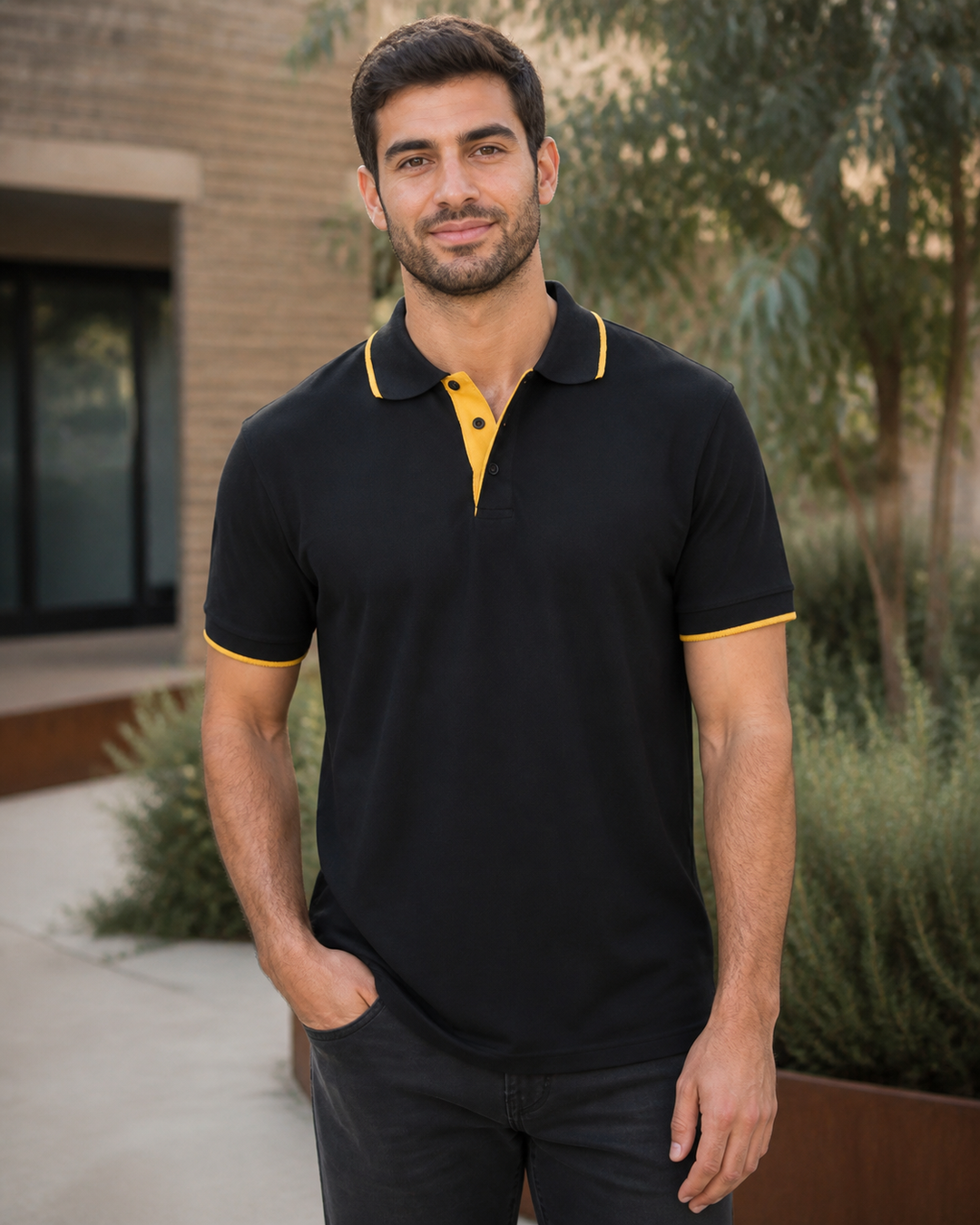 Male model wearing black and gold Pique Liberty Polo