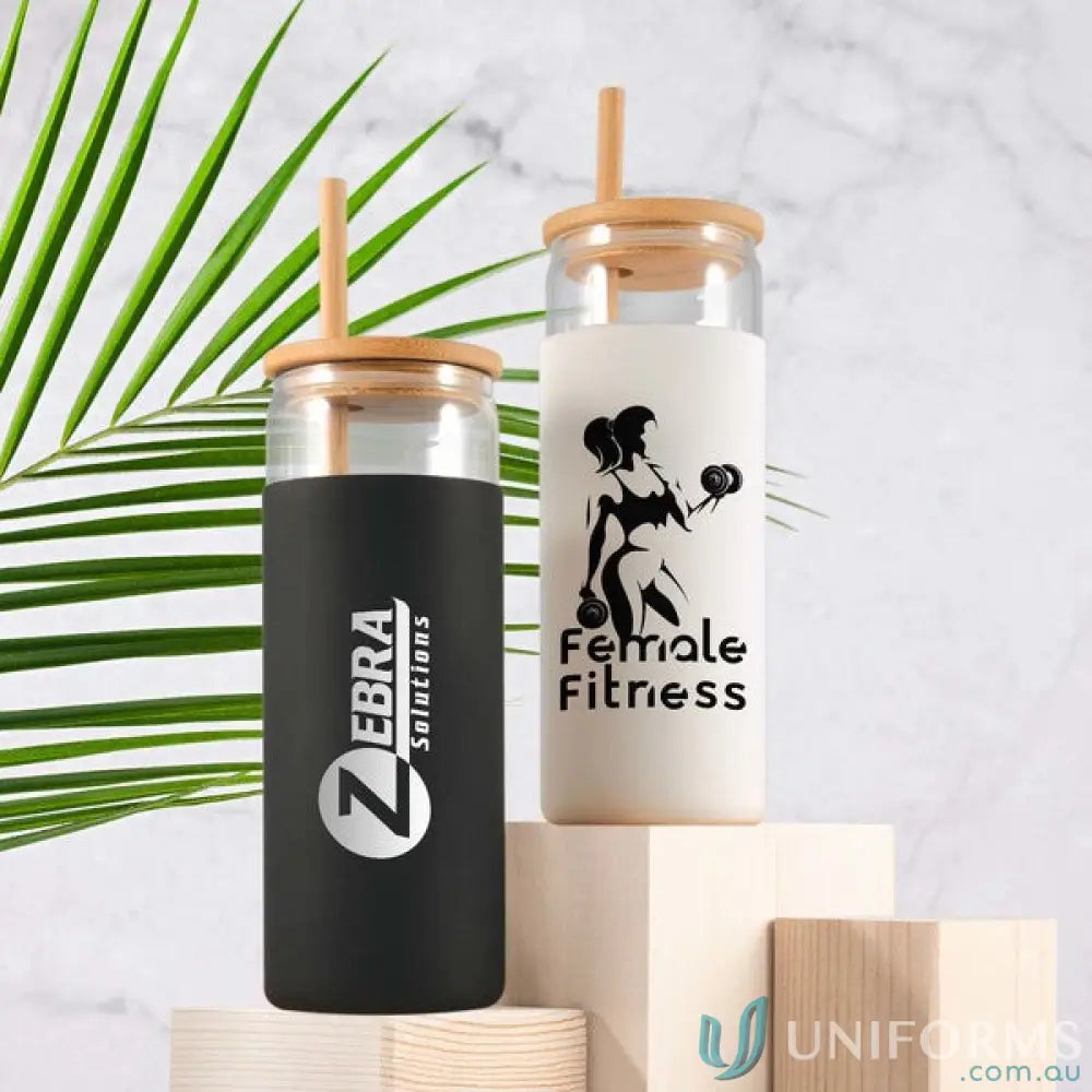 Two Pisa Glass Tumblers 480ml with bamboo lids and straws, stylish glass tumblers for any drink