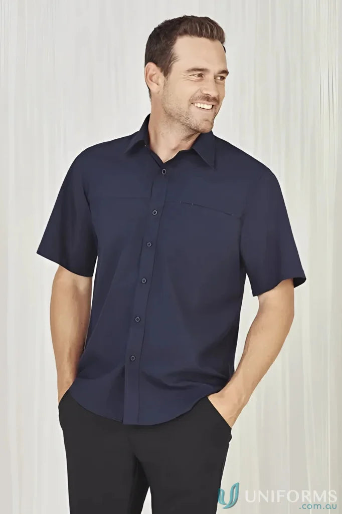 Man in navy mens Oasis Short Sleeve Shirt, perfect for casual summer looks