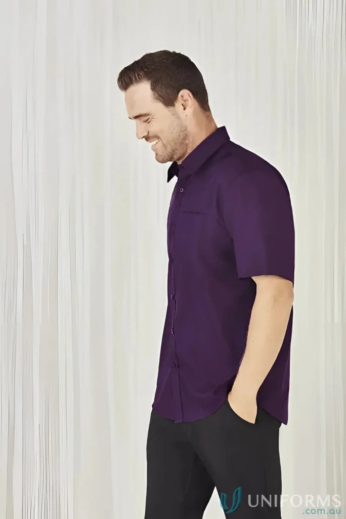 Man wearing a purple mens Oasis short sleeve shirt from the Oasis Shirt collection