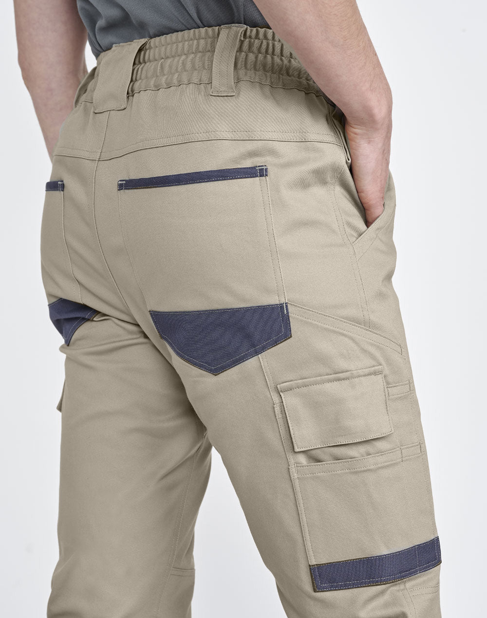 PLANETT unisex cotton stretch drill cuffed work pants in beige with navy accents