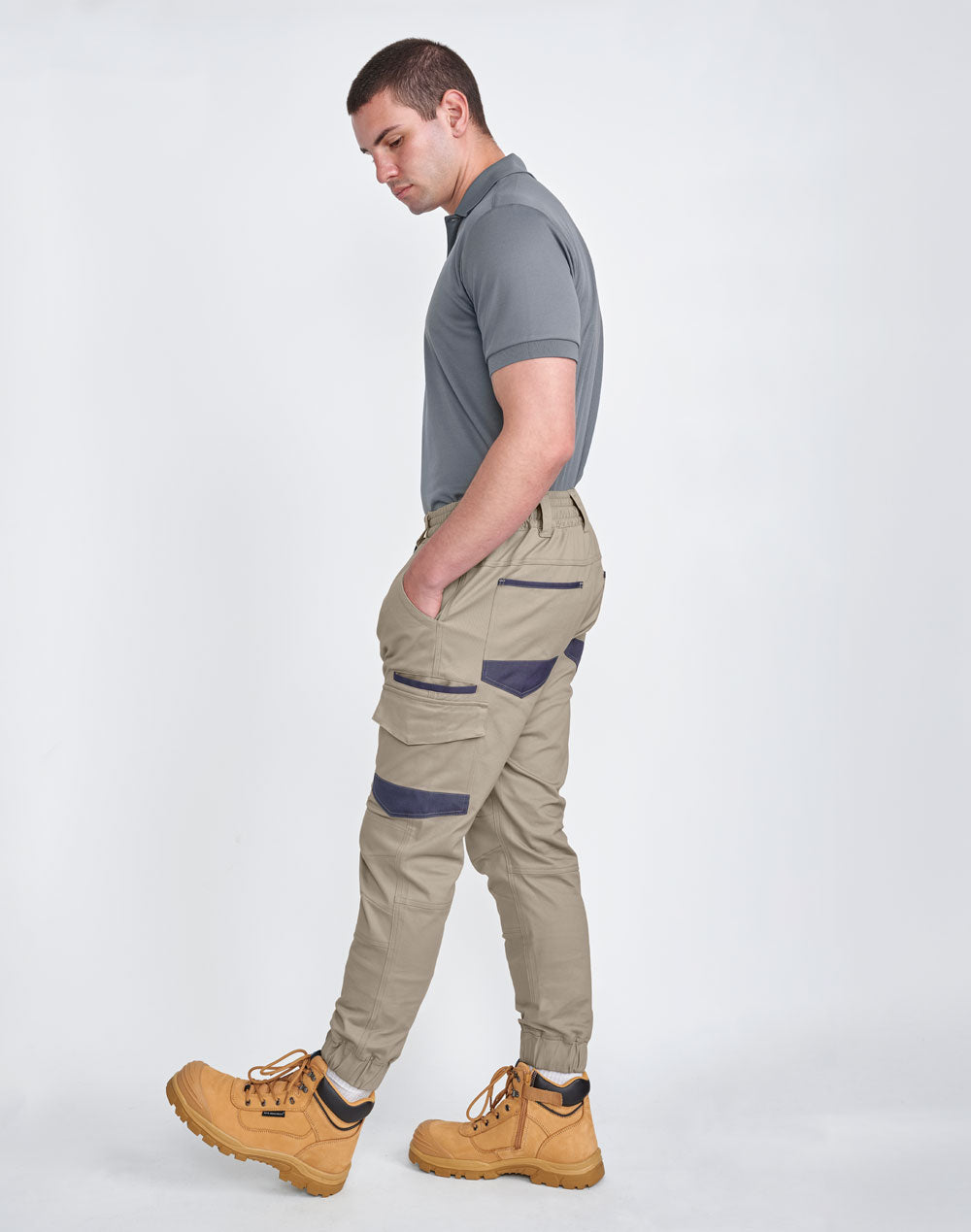 PLANETT unisex cotton stretch drill cuffed work pants in beige with navy accents