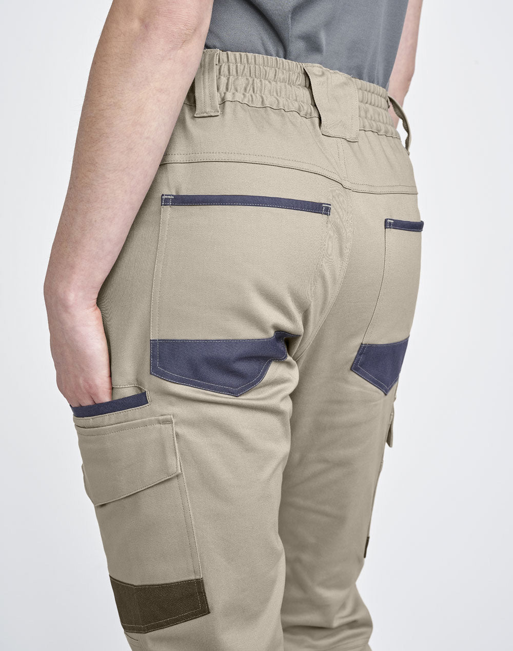 PLANETT unisex cotton stretch drill cuffed work pants in beige with navy and olive accents