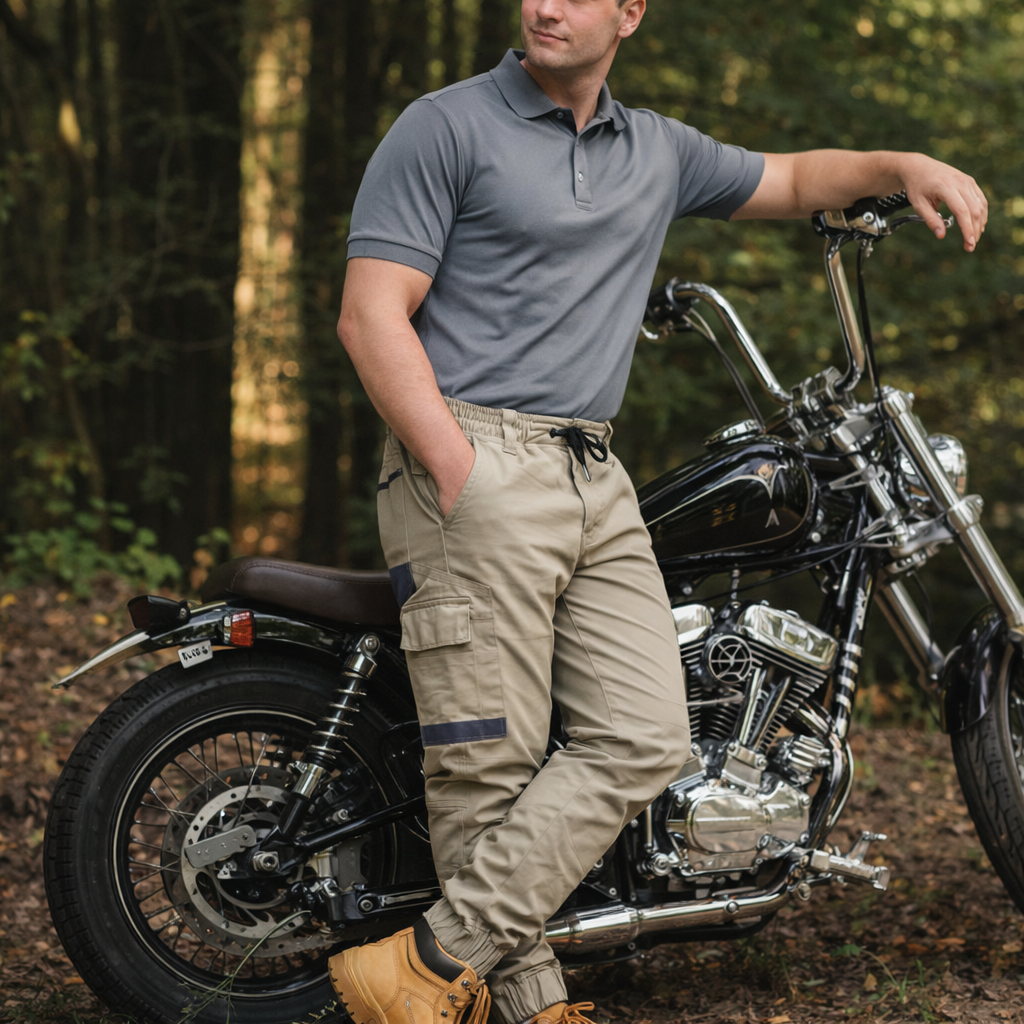 Man in PLANETT unisex cotton stretch cuffed work pants by black motorcycle