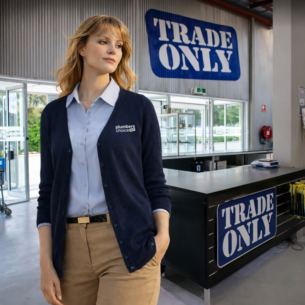 Navy blue Plumbers Choice wool cardigan uniform with white embroidered logo