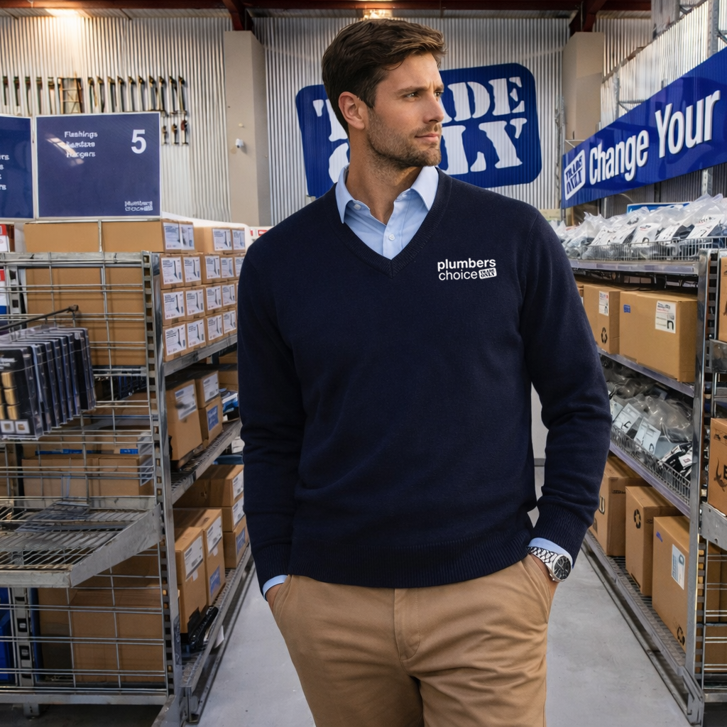 Navy blue v-neck wool garment with Plumbers Choice embroidery on chest