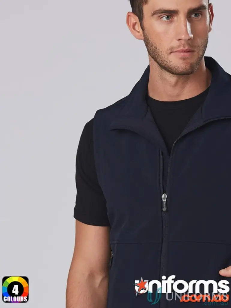 Navy blue zip-up softshell vest from Plumbers Choice EMB workwear uniforms