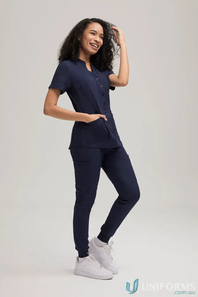 Navy blue medical scrub set from City Collection with pocket detail and 4-way stretch