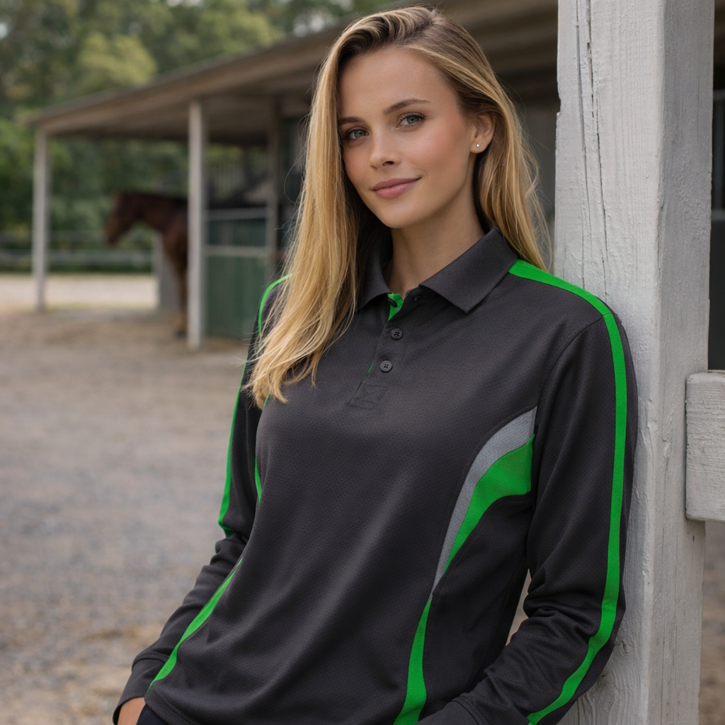 Jb’s Podium Cool LS Polo: black cool long sleeve with green silver stripes