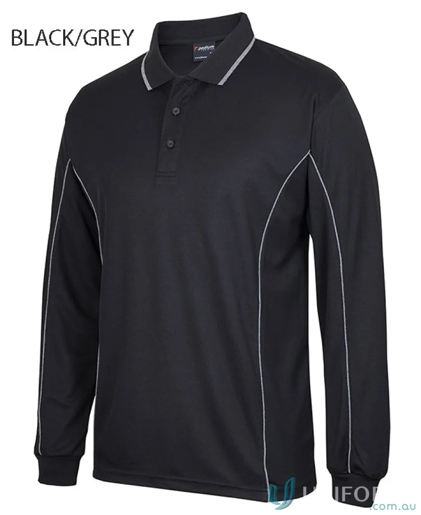 Mens long sleeve polo with podium piping and built-in UV protection in black with grey trim