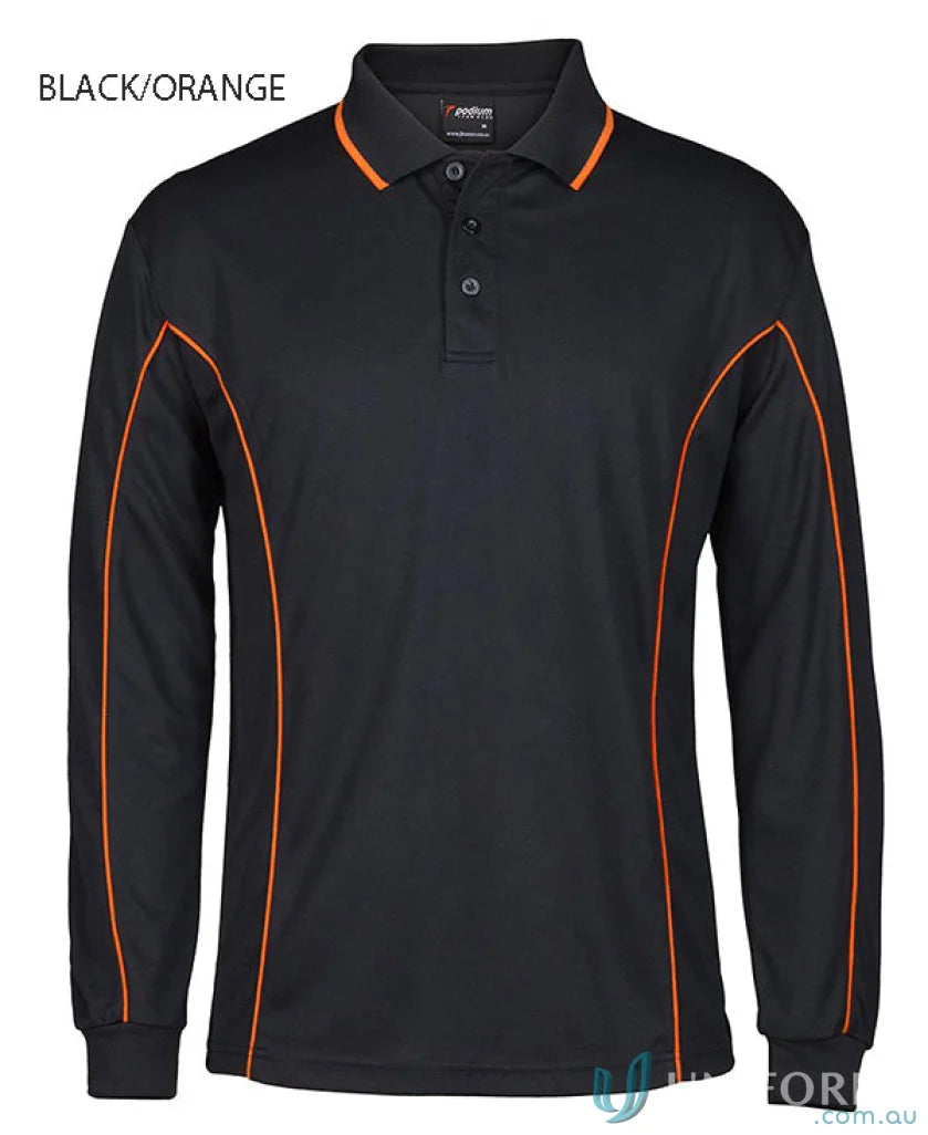 Black long sleeve polo with orange trim from JBs Podium Piping Long Sleeve Polo, built-in UV protection