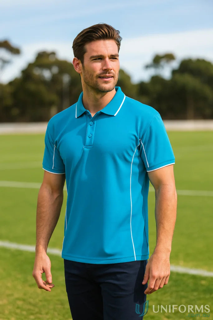 Mens teal Podium Piping Polo with white trim made with JBs Podium cooling fabric