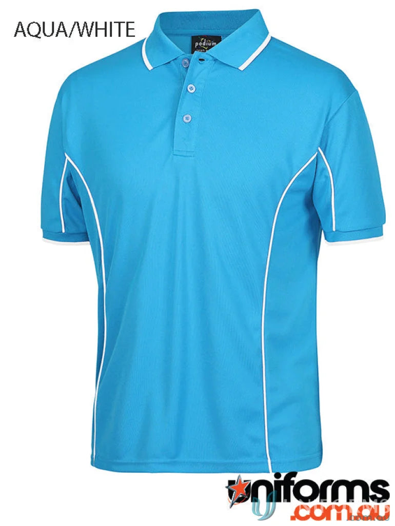 Aqua and white JBs Podium Piping Polo made with podium cooling fabric, short sleeve