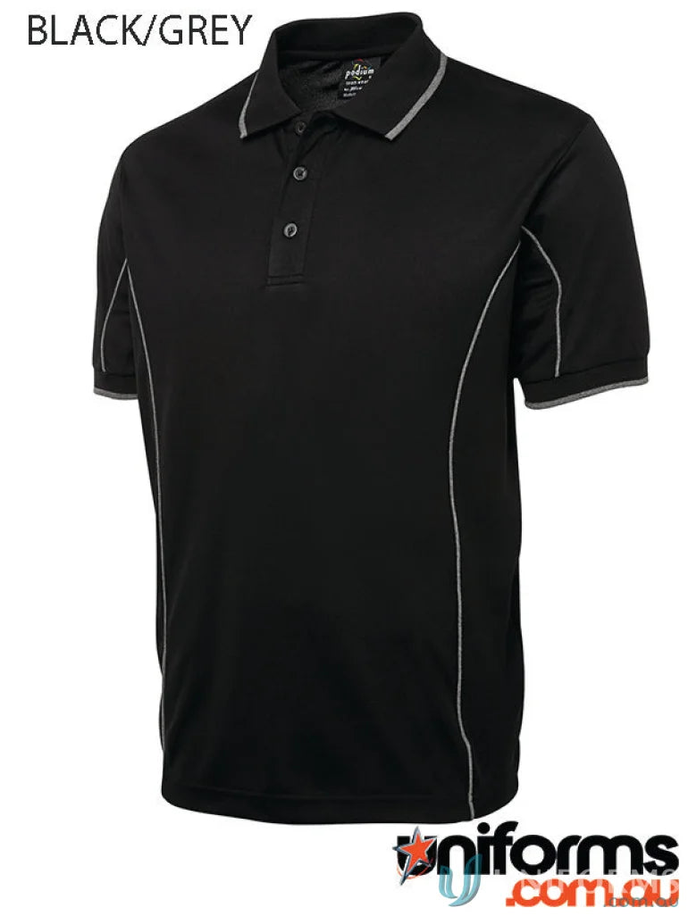 Black and gray JBs Podium Piping Polo with podium cooling fabric and piping short sleeve