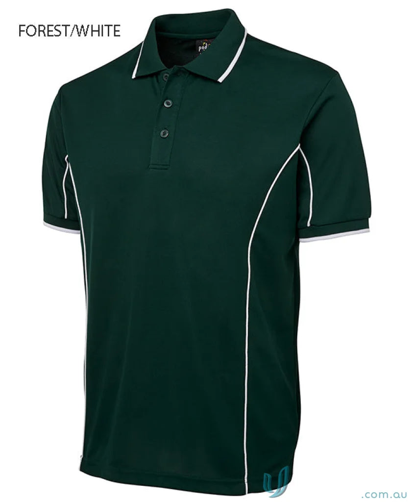Forest green JBs Podium piping short sleeve polo with white trim in podium cooling fabric