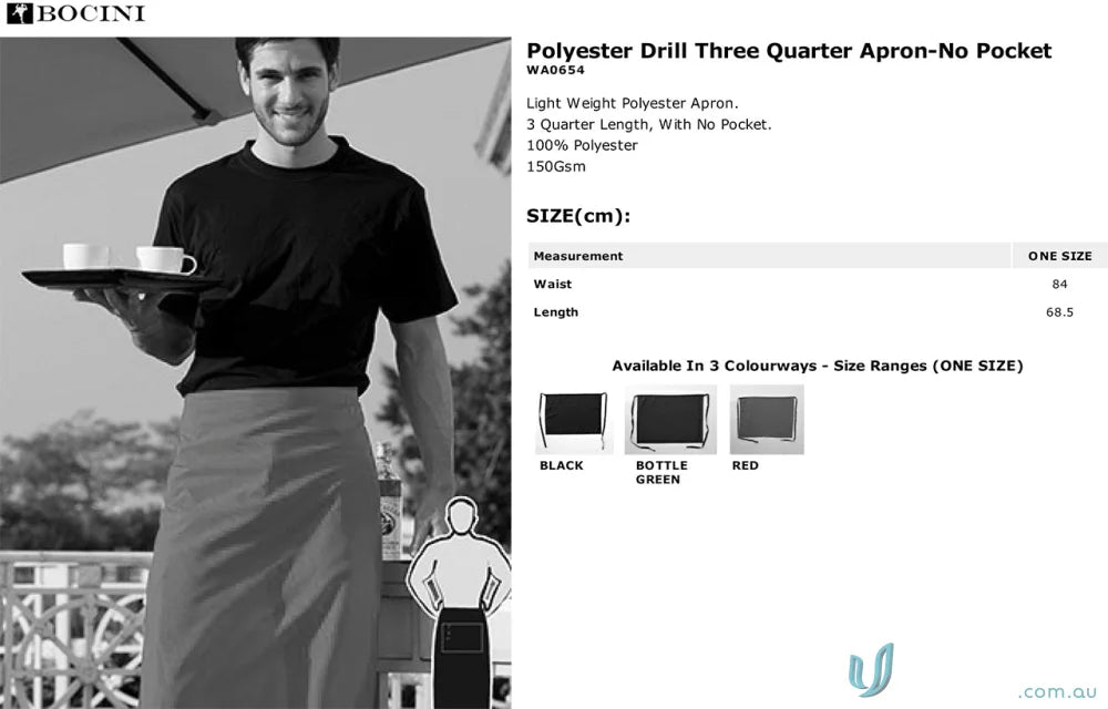 Bocini WA0654 Polyester Drill Three Quarter Apron Without Pocket