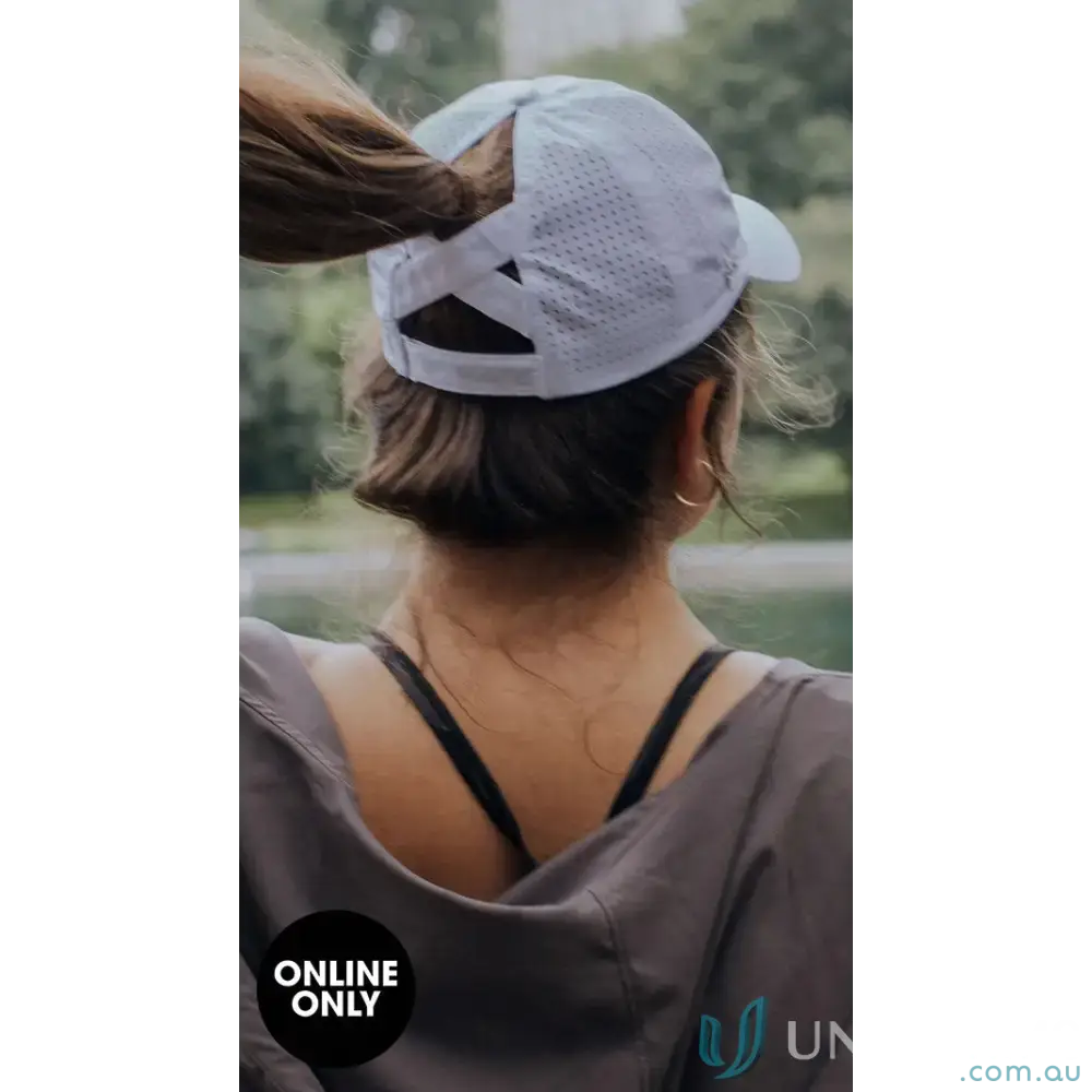 White Ponytail Active Cap with unique ponytail opening and inbuilt cotton sweatband