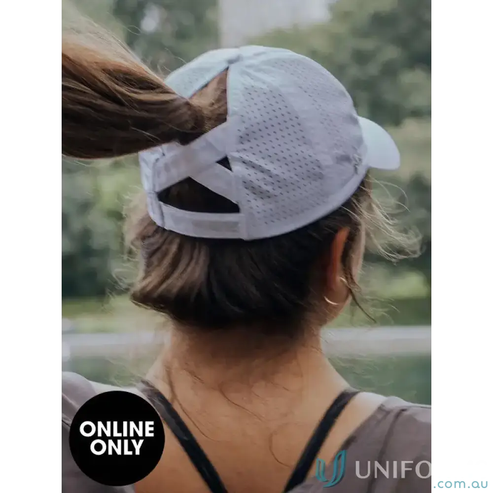 White mesh Ponytail Active Cap with unique ponytail opening and inbuilt cotton sweatband