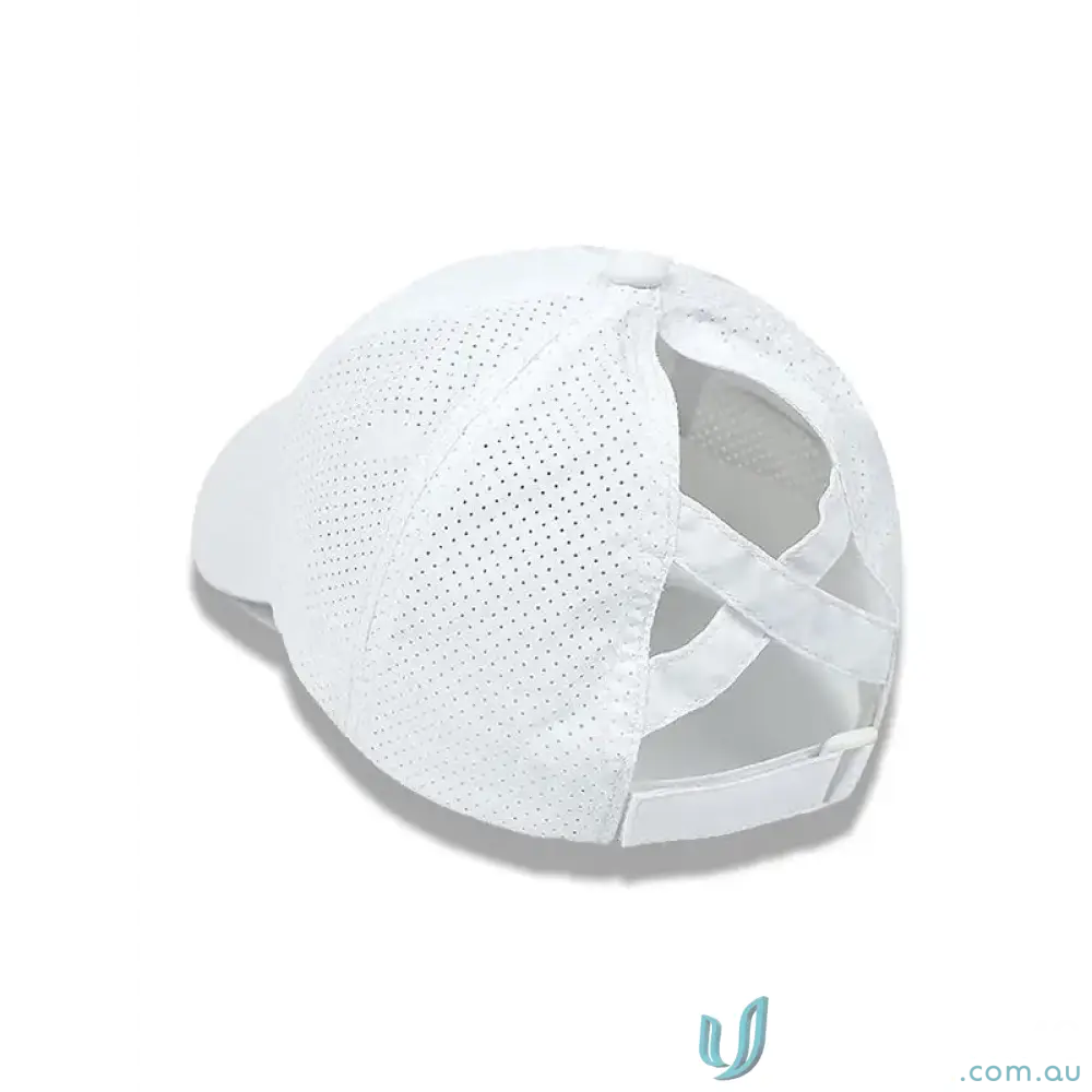 White perforated Ponytail Active Cap with unique ponytail opening and inbuilt cotton sweatband