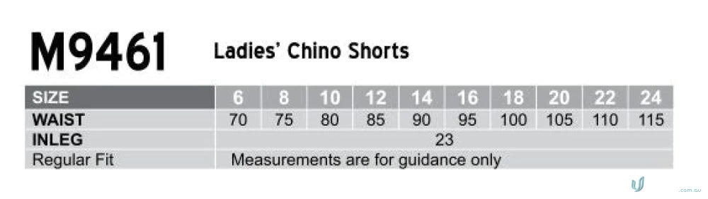 Size chart for pool ladies chino shorts showing ladies chino shorts sizing info