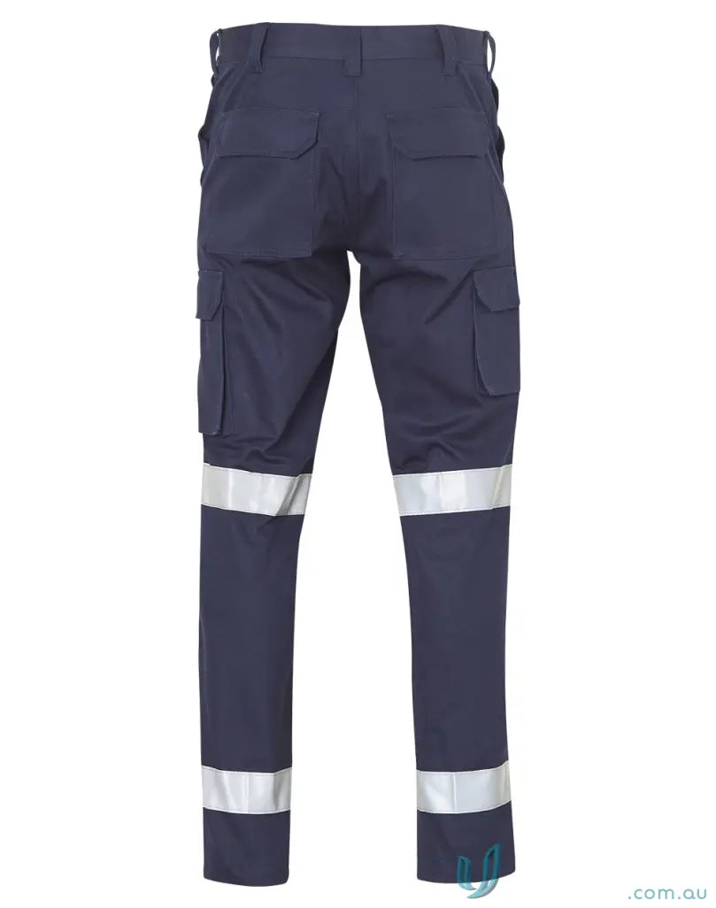 Navy blue pre-shrunk drill pants with reflective stripes cargo pockets built tough