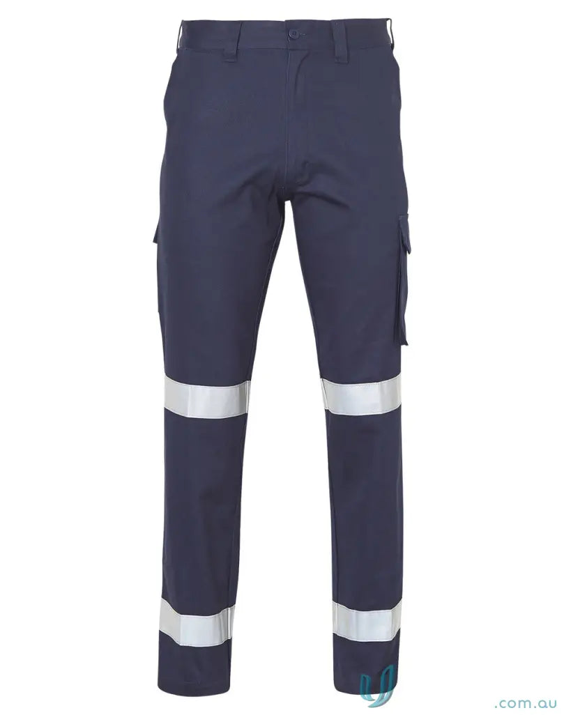 Navy blue pre-shrunk drill pants with reflective stripes cargo pockets built tough