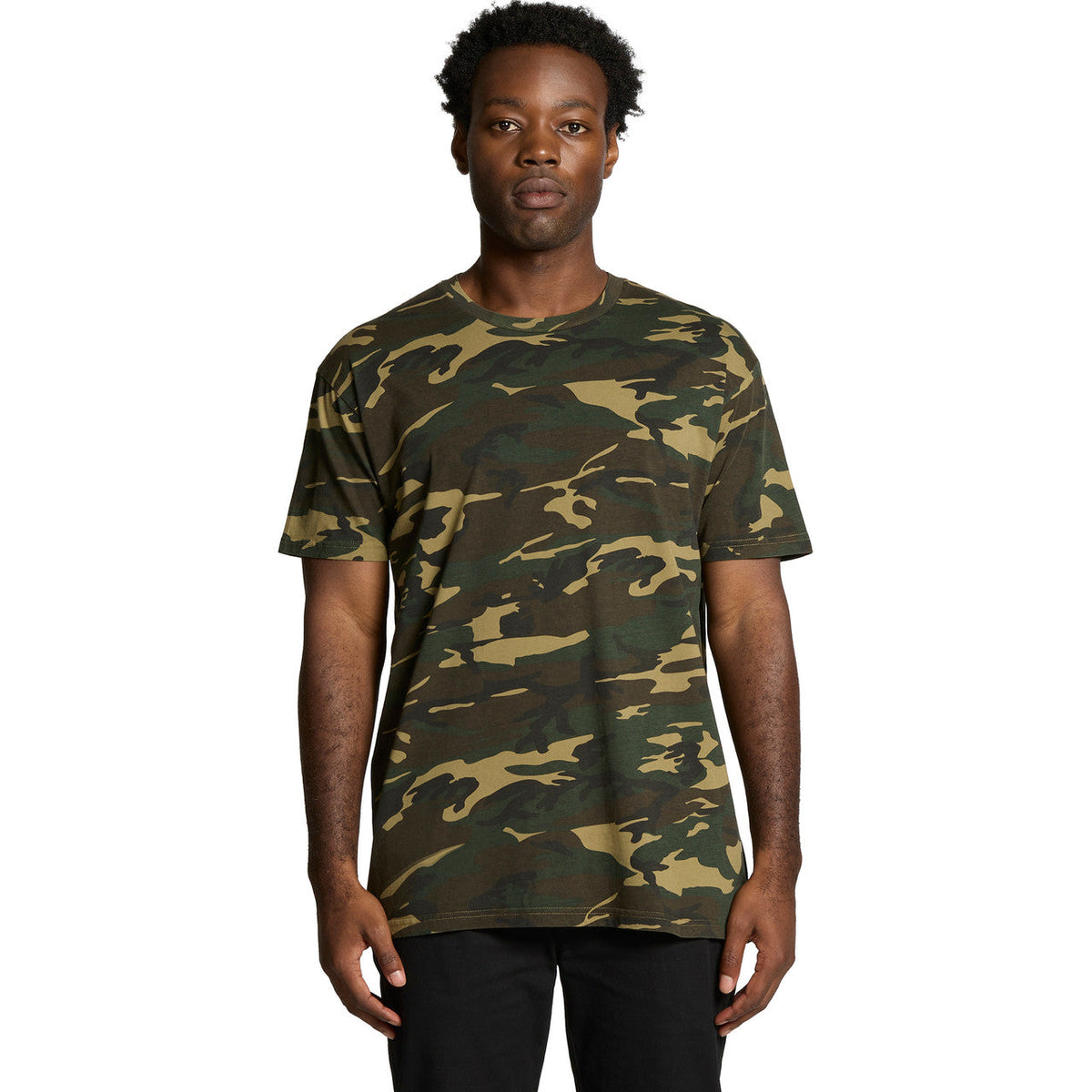 Camo t-shirt with olive green and tan camouflage pattern, short sleeves, crew neck.
