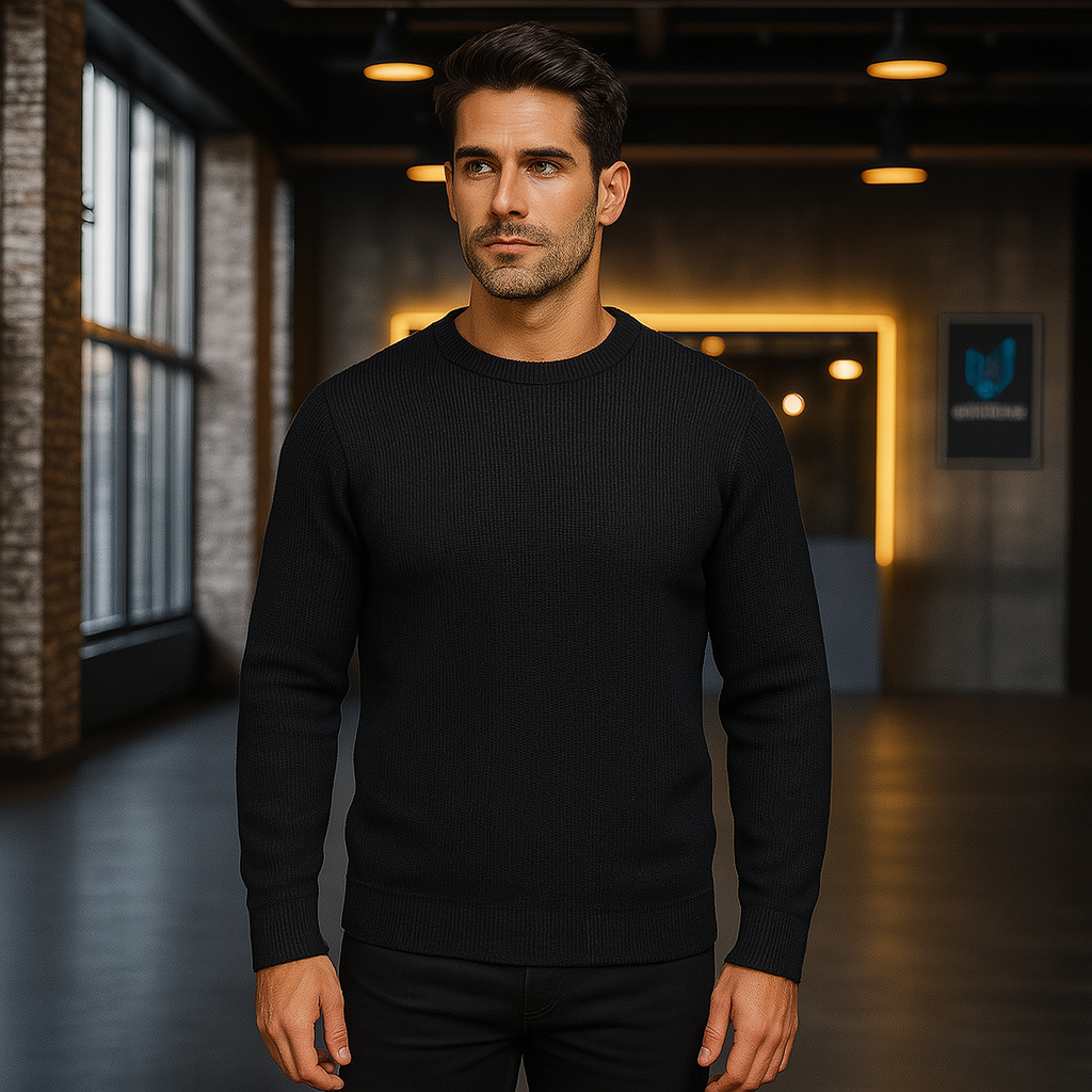 Black ribbed knit crewneck sweater made for workwear and uniforms, perfect for durable premium work uniforms