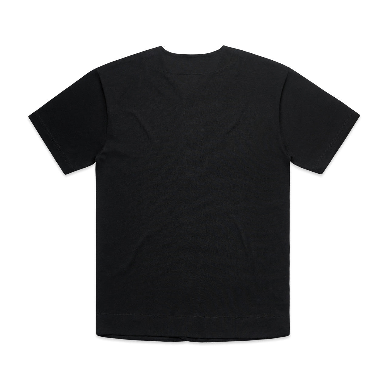 Black t-shirt with short sleeves and crew neck.