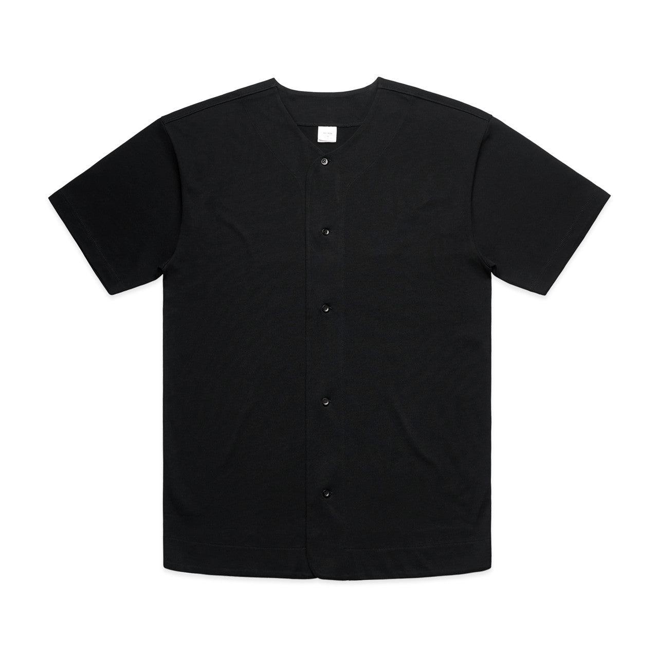 Black baseball jersey with button-down front and short sleeves.