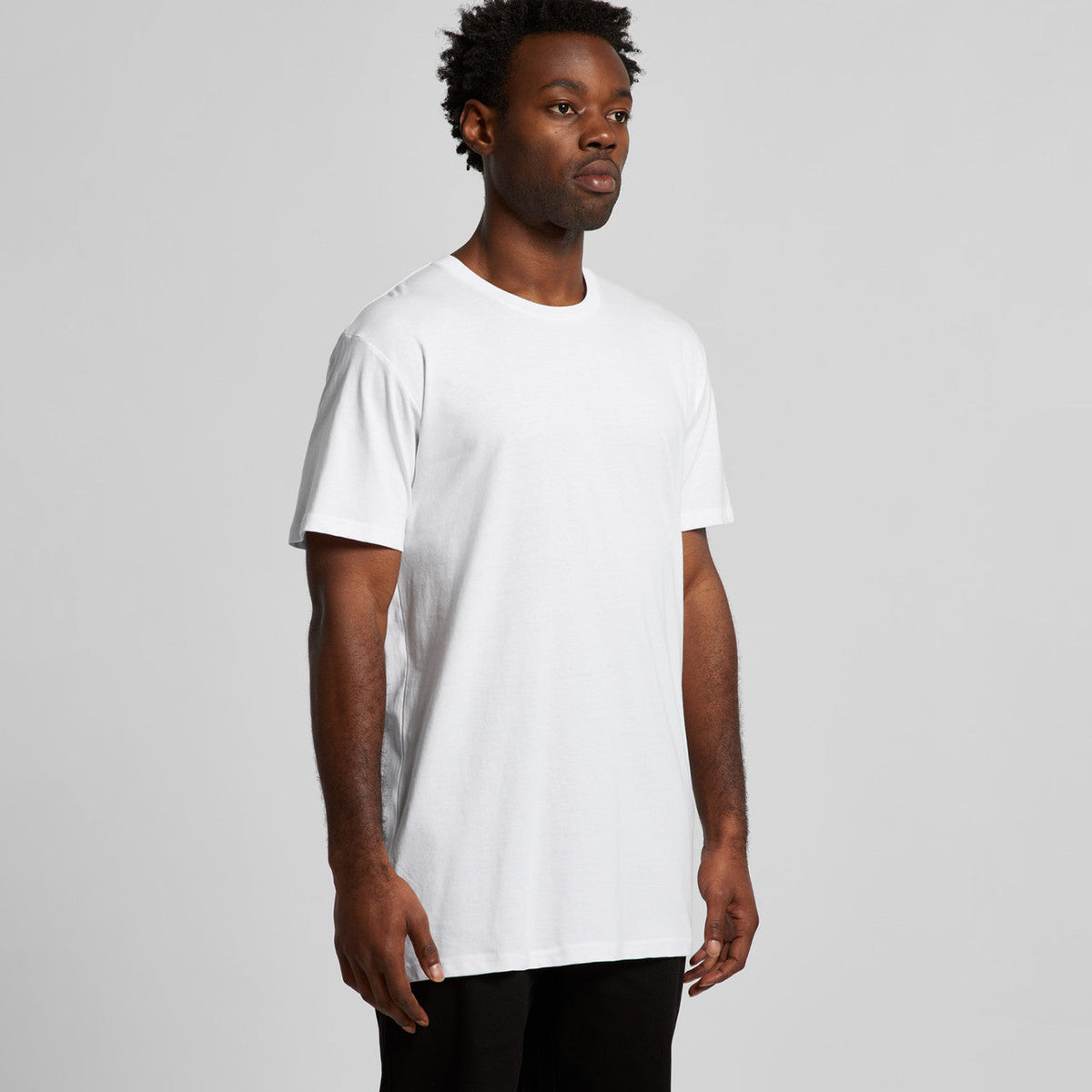 White crew neck t-shirt with short sleeves and a relaxed fit.