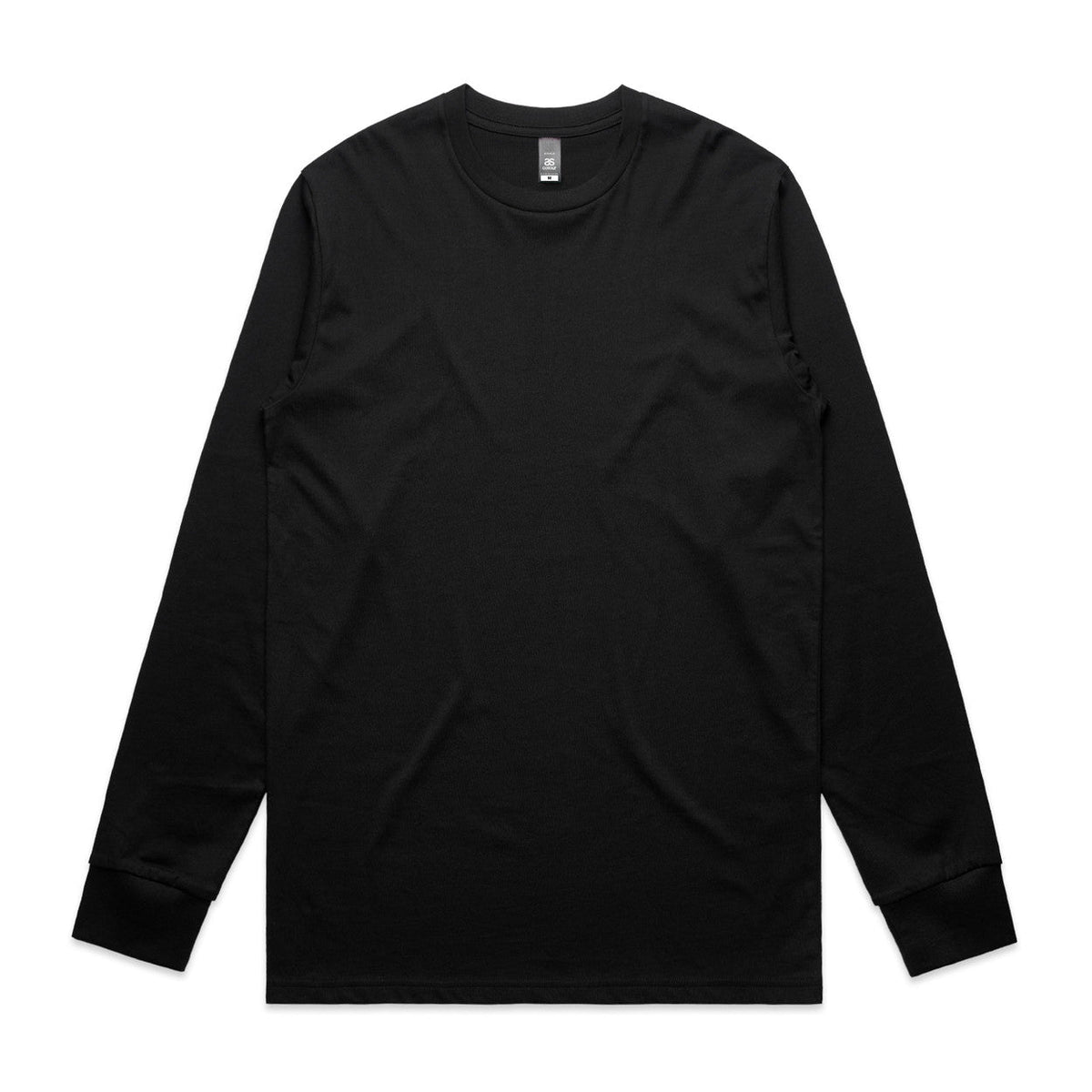 Black long-sleeved t-shirt with a crew neck and ribbed cuffs.