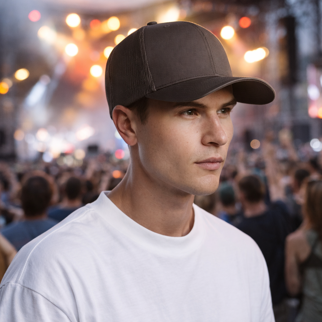 Premium mesh trucker cap in brown with recycled polyester mesh back