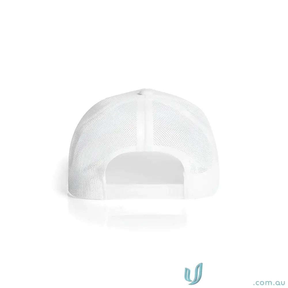 White trucker cap with mesh back made from recycled polyester and shallow curved brim