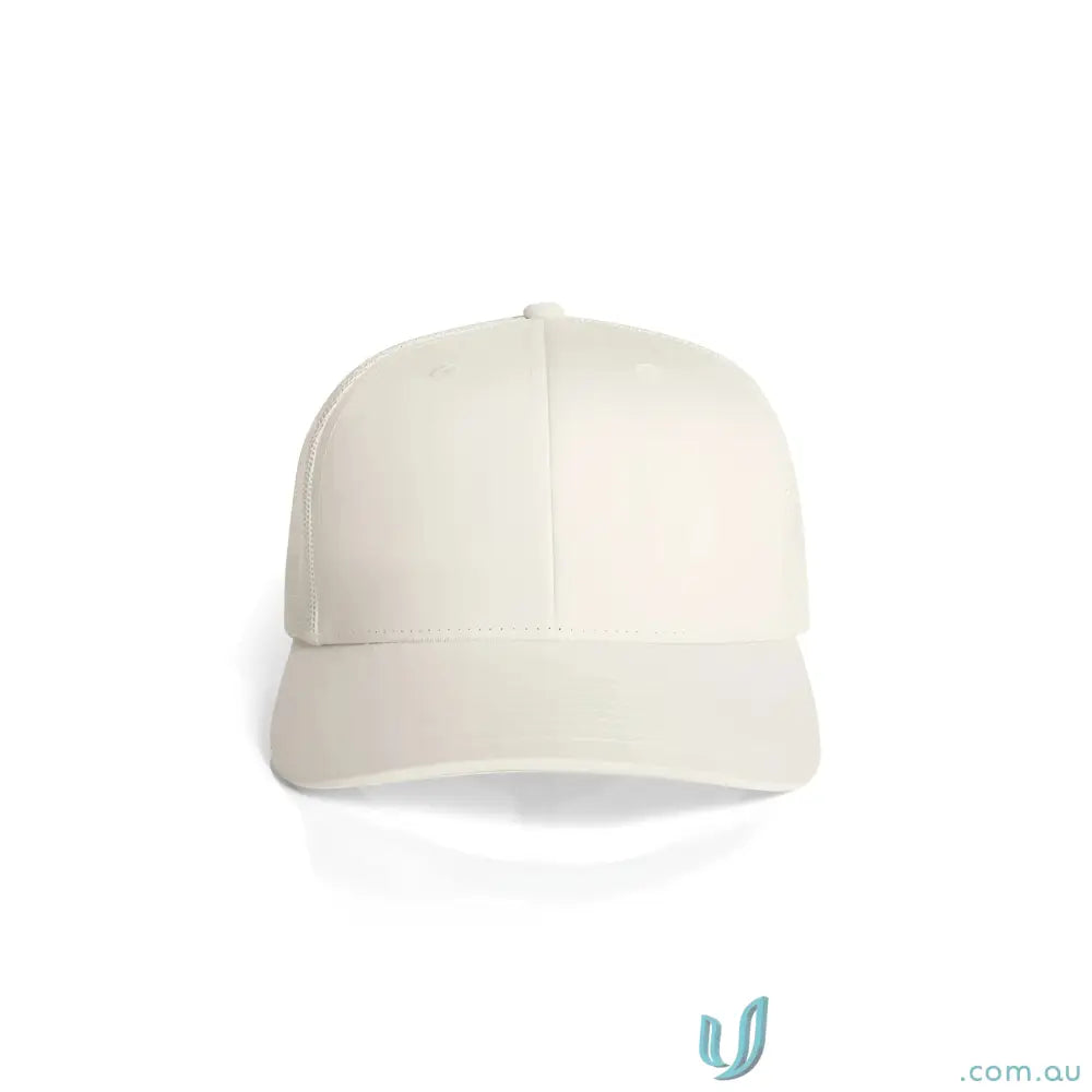 Off-white recycled polyester trucker cap with shallow curved brim and structured crown