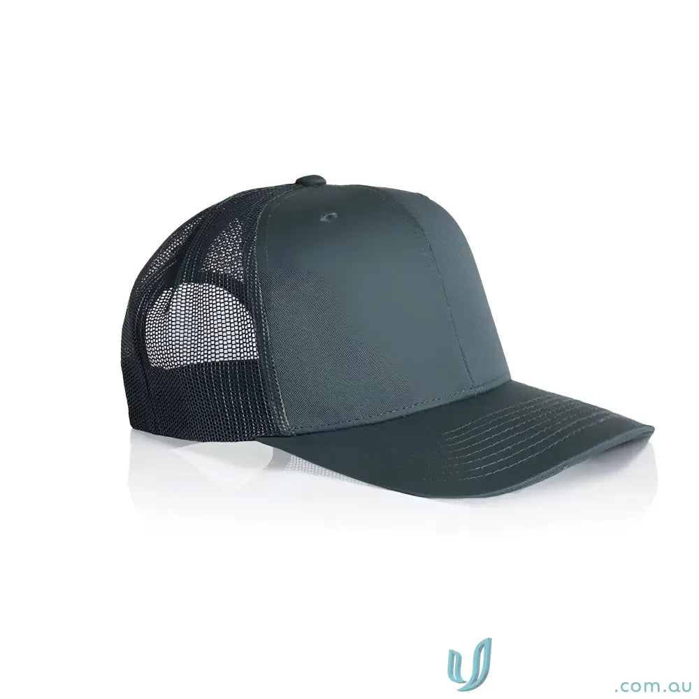 Dark gray and black recycled polyester trucker cap with shallow curved brim