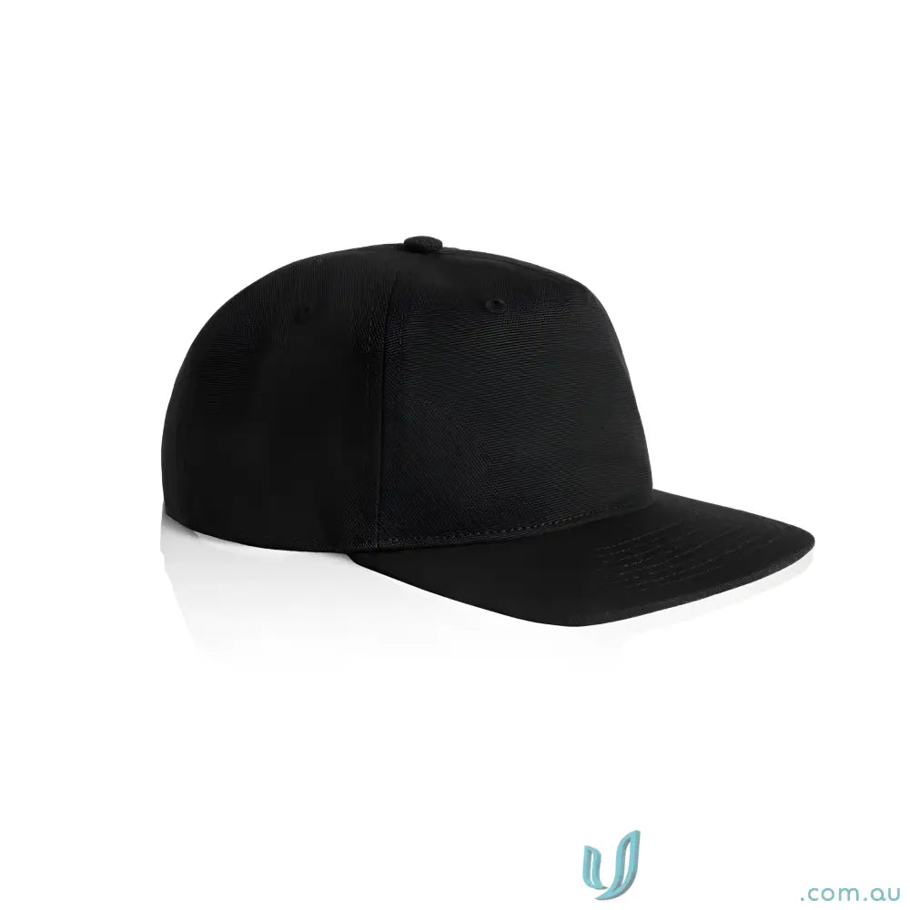 Black cotton canvas cap with flat peak and adjustable plastic snapback