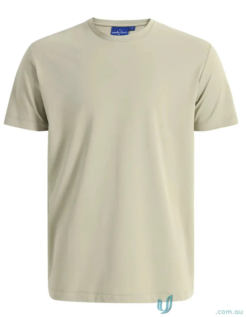 Beige crew-neck releaf dtf adult t-shirt with subtle texture and blue brand tag perfect for workwear uniforms