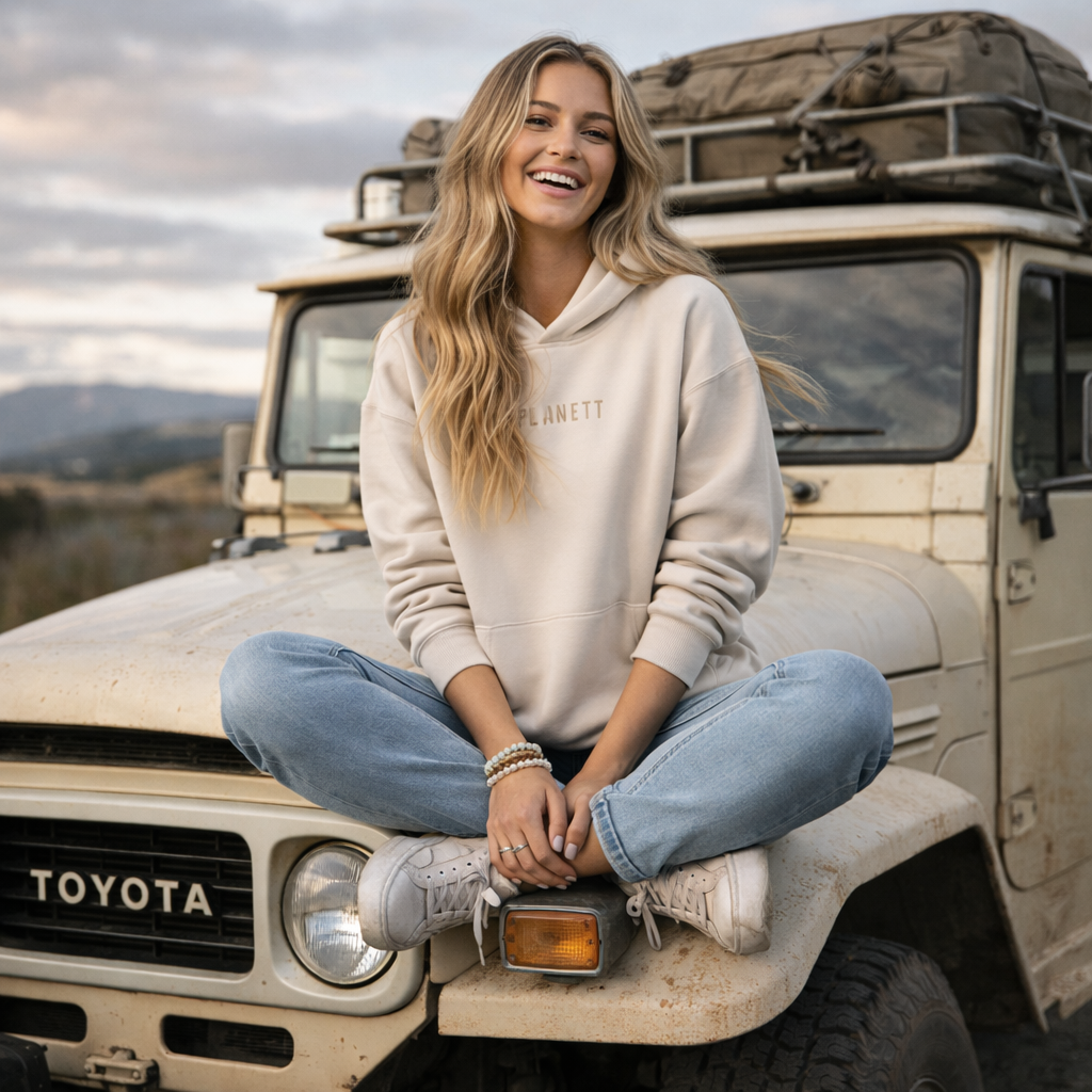 Beige premium oversized bone hoodie with soft casual fit and subtle gold lettering, great for workwear and uniforms