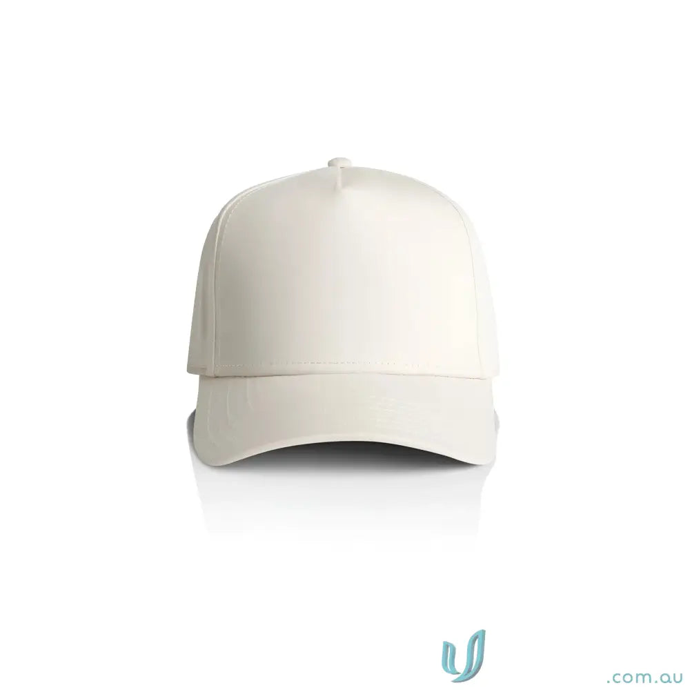 Plain light-colored baseball cap with curved peak and plastic snapback for customization