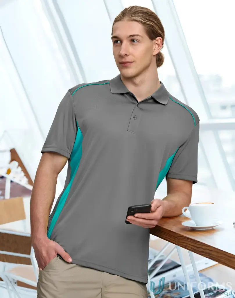 Mens grey and teal Pursuit Polo shirt with breathable mesh for a winning spirit vibe