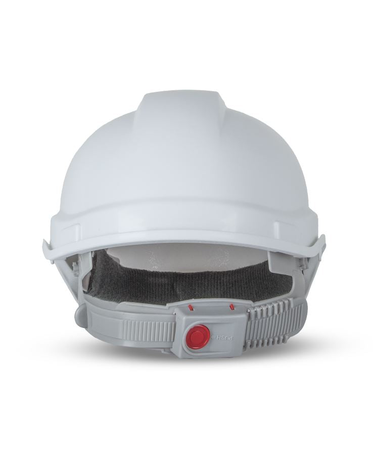 White JB’s push-lock safety helmet with gray strap, red button, all-day comfort