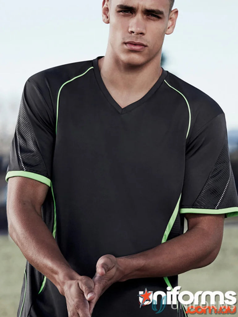 Black and green Razor Tee mens razor short with self-fabric v-neck band for gym flex
