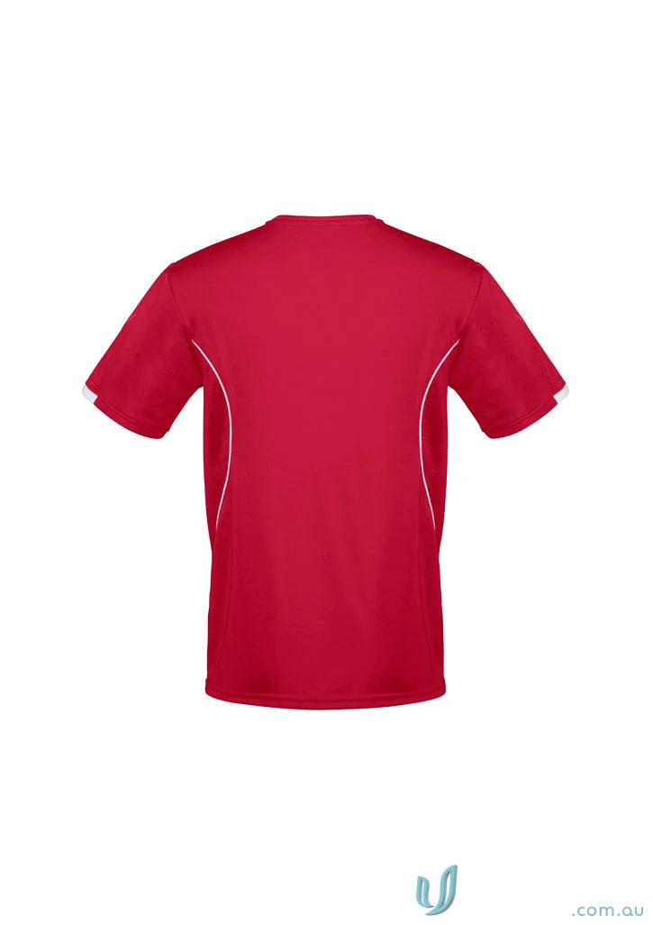 Red and white Razor Tee mens razor short with self-fabric v-neck band style