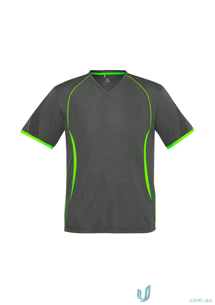 Gray Razor Tee mens razor short athletic shirt with green trim and self-fabric v-neck band
