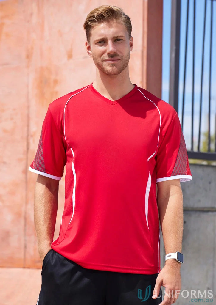 Red and white Razor Tee mens razor short with self-fabric V-neck band for active wear