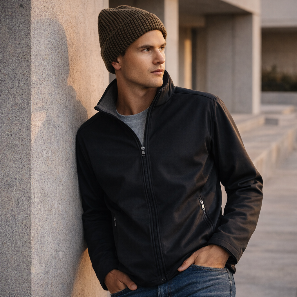 Black zip-up recycled wool blend gauge beanie with leather sleeves