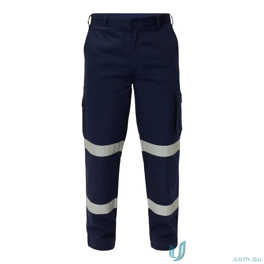 Navy blue reflective mid-weight cargo cotton drill trousers with reflective stripes