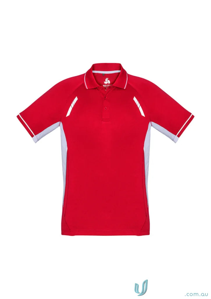 Red and white men’s Renegade Polo from Biz Collection with UPF rating for sun protection